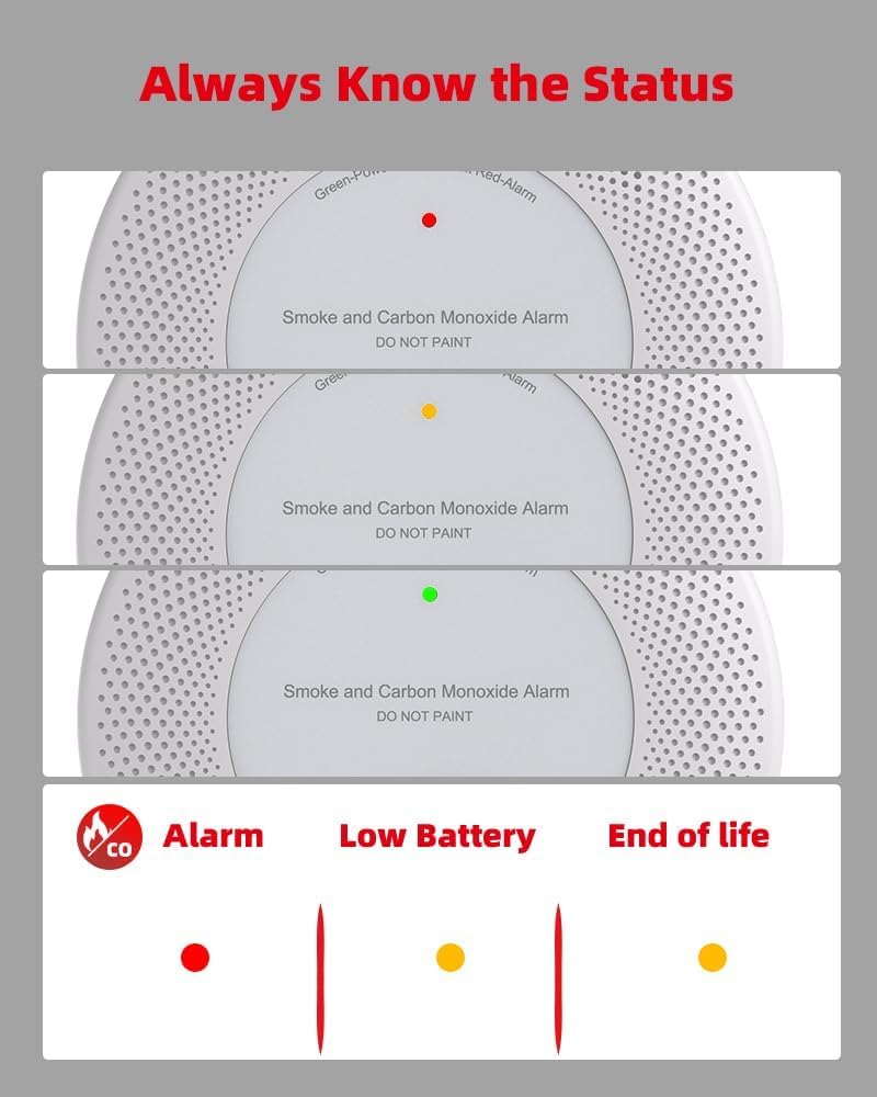 KIMROG 10-Year Sealed Battery 2-in-1 Smoke & Carbon Monoxide Detector Alarm | Home/Garage Combo CO & Smoke Alarm Detector with LED Warning Light Indicators & V-0 Flame-Retardant Housing(2-Pack)