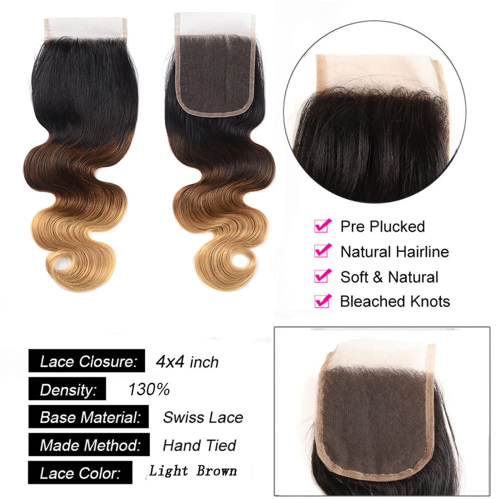 Lace Closure 4X4 Human Hair 1B 4 27 Ombre Closure For Women Body Wave Transparent Lace Next Day Delivery Closure Black To Brown