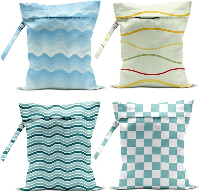 4 Pack Wet Bag for Swimsuit, Beach Travel Essentials Wet Dry Bag, for Sunscreen Toiletry Dirty Clothes Yoga Gym Diaper, Friend Summer Beach Vacation Gifts. Wave, grid