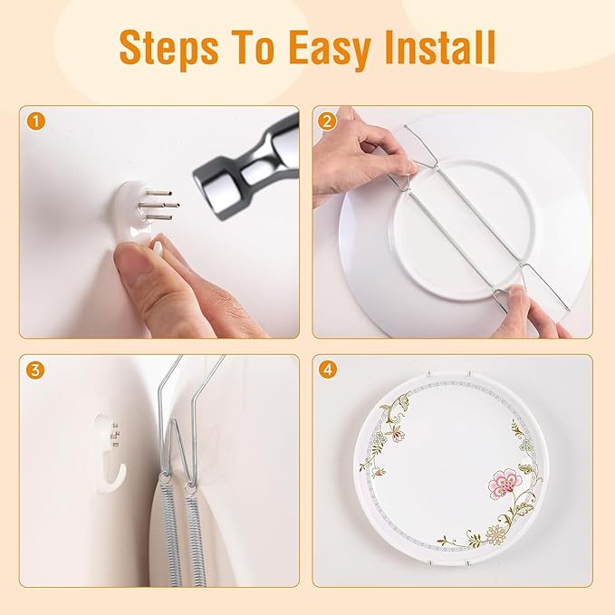 Bilillo 6 Pack Plate Hangers for The Wall, Suitable for 8-10 inch Art Plate, Stainless Steel Invisible Heavy Duty Wire Plate Holder with Wall Hooks, Plate Hangers for Displaying Plates, Silver