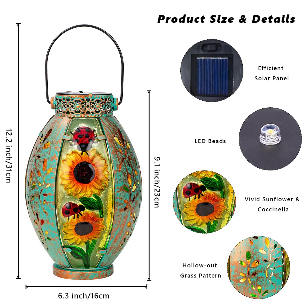 VEWOSTAR Solar Lanterns Outdoor Waterproof Sunflower Design, Small Size, Glass & Metal for Tabletop Patio Porch Decor