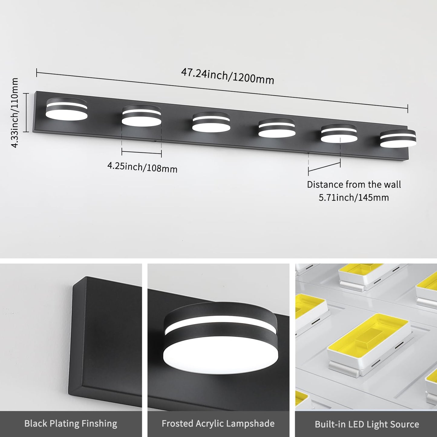 Bicrink 6-Light Bathroom Vanity Light Over Mirror  Matte Black Led Vanity Lighting Fixtures  Modern Bathroom Wall Light Fixtures With 360Rotating Lamp Head (Cool White 5500K) (Black  47Inch)