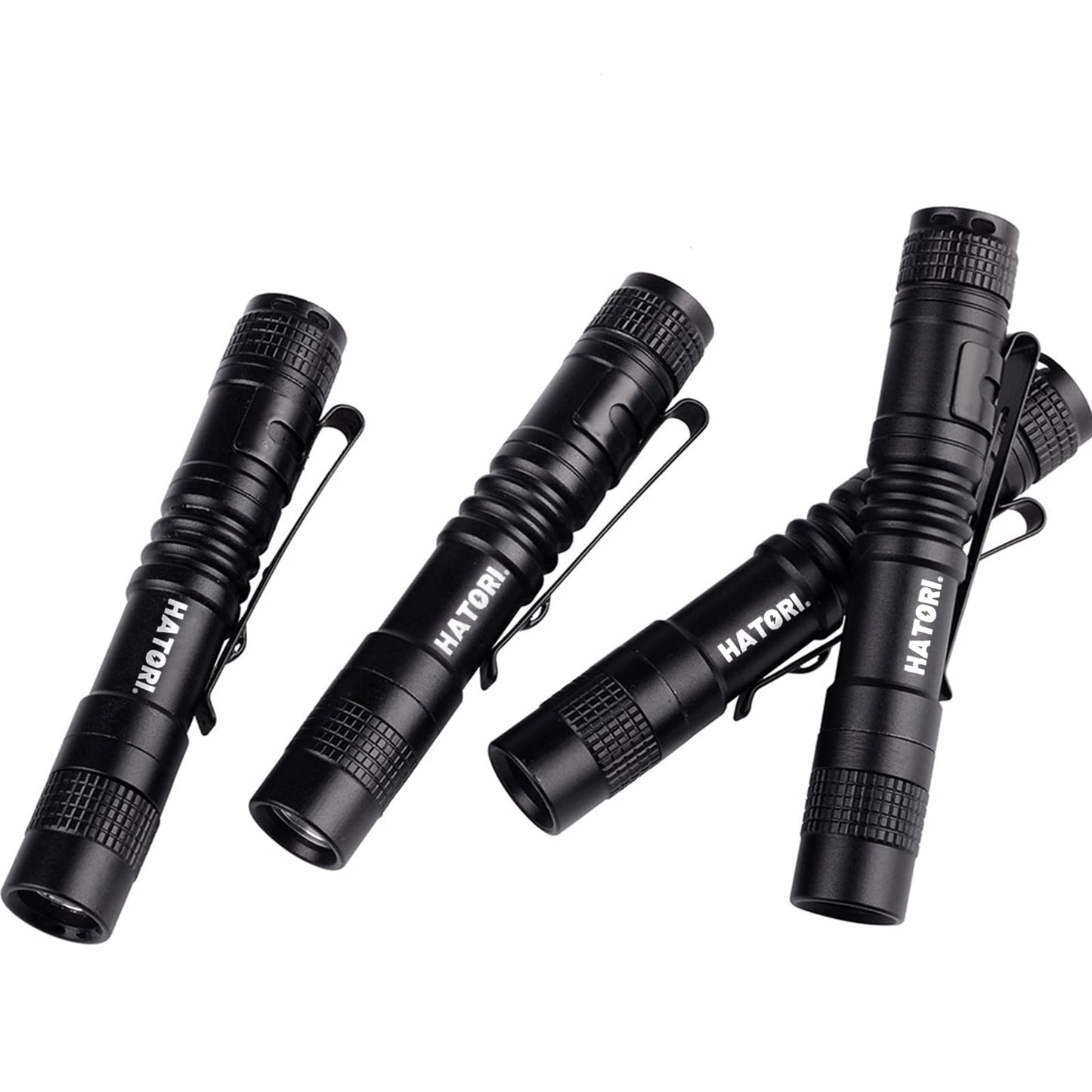 HATORI LED Mini Flashlight, Tactical High Lumens Pen Light, 4 Pack, 3.55 Inch, Black, Model SDT001, Aluminum Construction