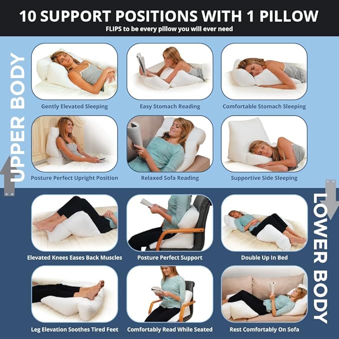 Contour Flip Pillow 10-in-1 Bed Wedge Body Support Pillow, King with Beige Pillowcase Pillow Protector Cover
