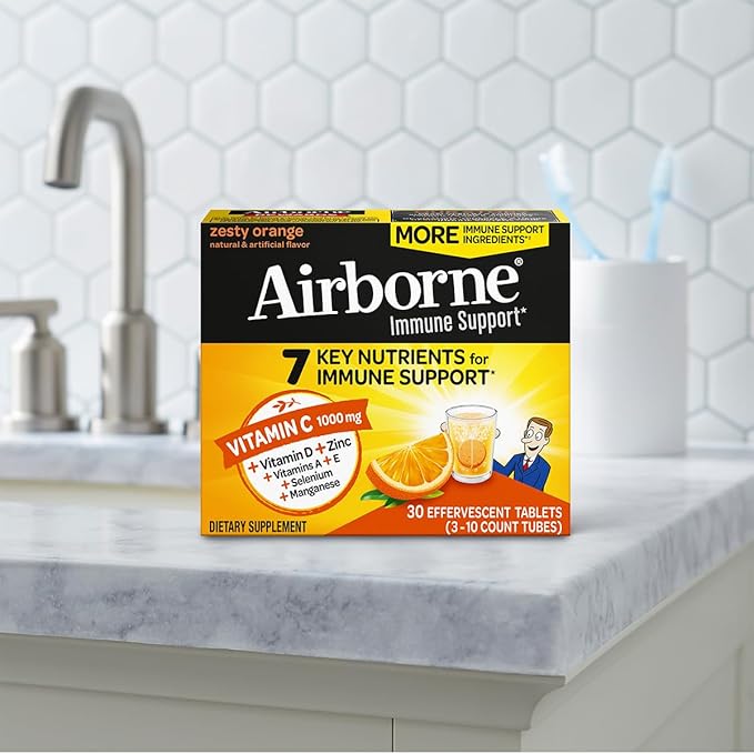 Airborne 1000mg Vitamin C + Zinc Sugar Free Multivitamin Immune Support Effervescent Fizzy Drink Tablets, Zesty Orange Flavor with Powerful Antioxidants Vitamins A C & E, 30 Tablets (3 Pack)