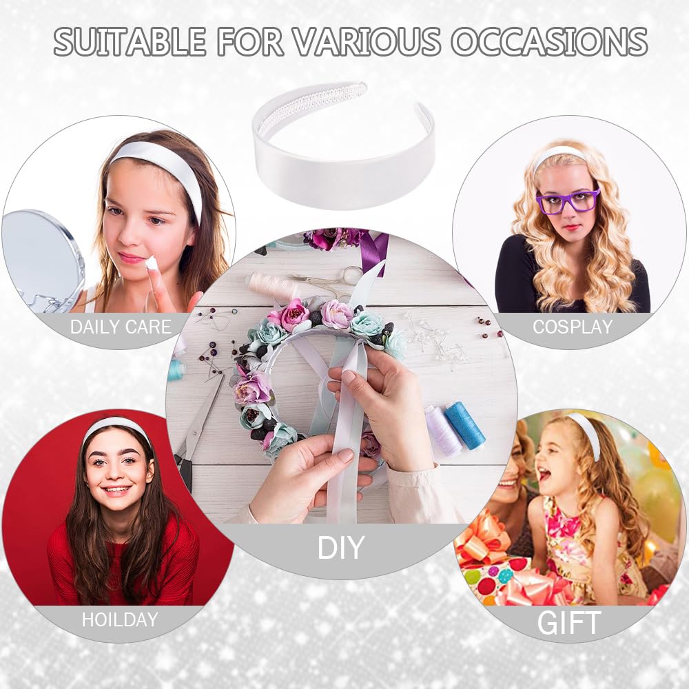 AHONEY White Headband for Women Girls Satin Silk Headband Non Slip 1.57  Wide Plain Head Band Solid Hair Band DIY Halloween Holi