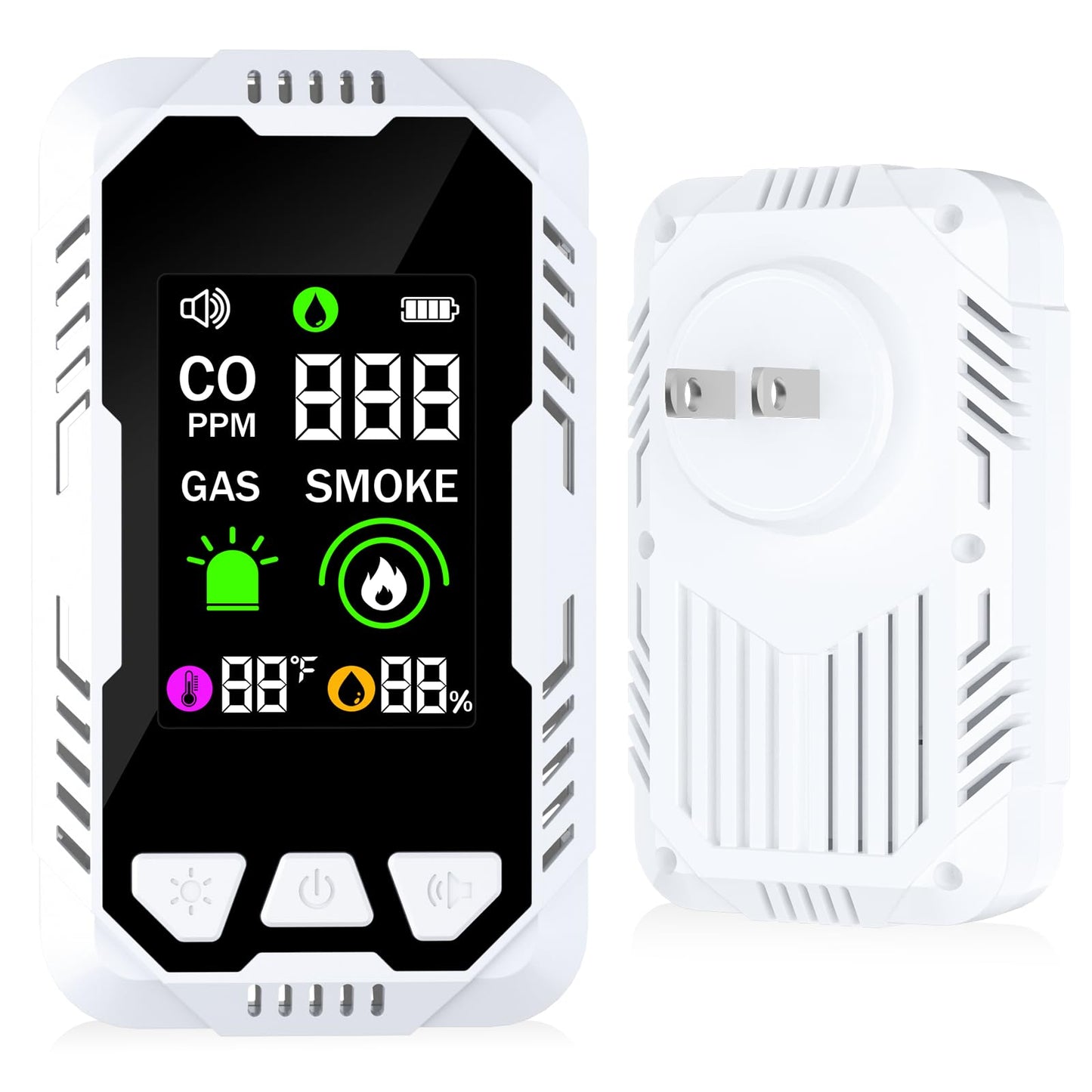 5-in-1 Carbon Monoxide Detector Combo with LCD Display, Detects CO, Natural Gas, Smoke, Temperature, Humidity for Home Hotel, Camping RV, Apartment Safety, Plug-in Monoxide Alarm HD Screen 1 Pack
