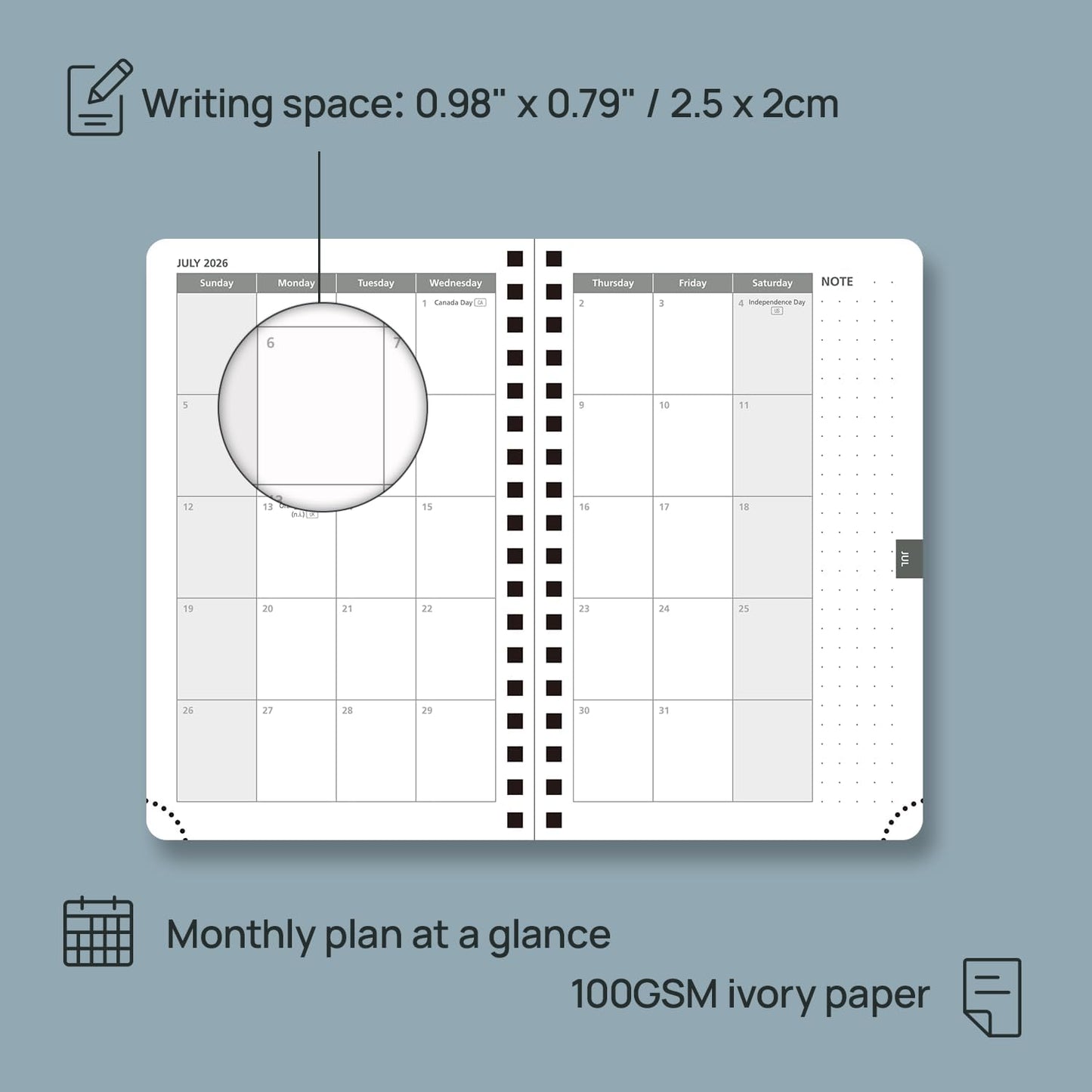POPRUN 2026 Planner (Pocket Size 4''x 6.25'' Wire-Bond Hard Cover) Calendar Weekly and Monthly (Jan.2026-Dec.2026) Small Planner with Hourly Time Slots, for Purse, 100 GSM - Haze Blue