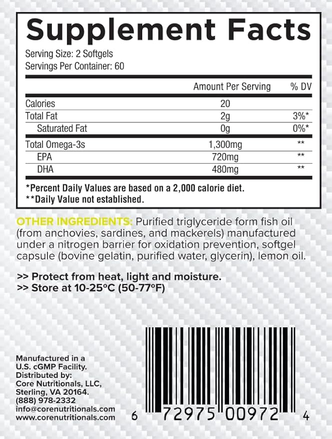 Core Nutritionals Platinum Omega High Purity Fish Oil containing 720mg of EPA, 480mg of DHA, Health Support, 120 Count