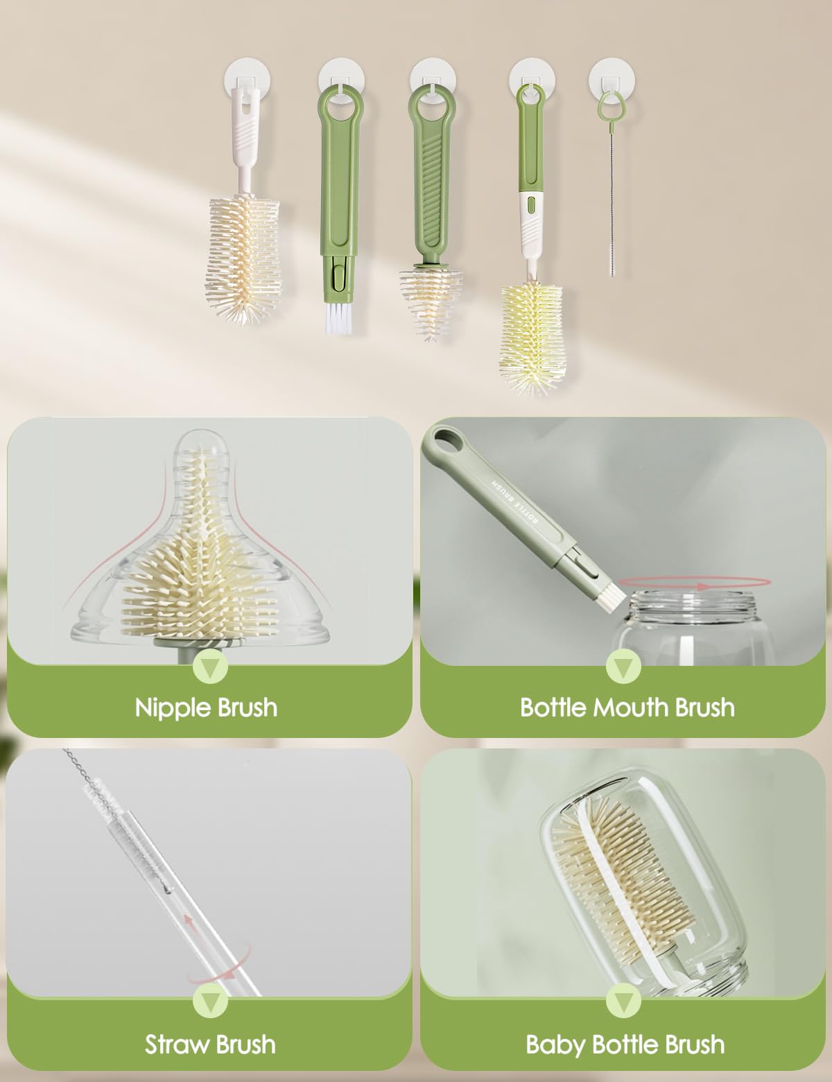 BOVELLA Baby Bottle Brush Set-Travel Bottle Cleaner Kit with Silicone Brush,Drying Rack,Nipple Brush,Straw Brush,Bottle Mouth Brush,Storage Box-6 in 1 Portable Bottle Washing Kit for Home and Travel
