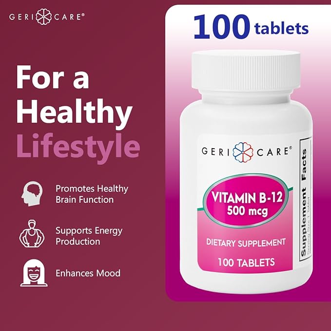 GeriCare Vitamin B-12 500mcg Tablets – Supports Healthy Energy Levels, Brain Function & Circulatory Health – Trusted Supplement for Daily Wellness – 100 Count