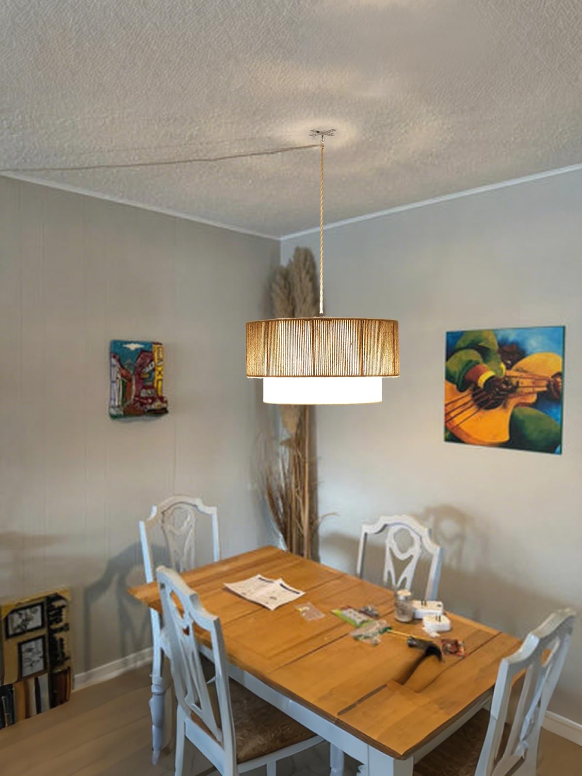 Kirahee Plug in Pendant Light, 18in Rattan Chandelier with Fabric Shade, E26 On/Off Switch, 3-light for Dining Room, Living Room, Kitchen