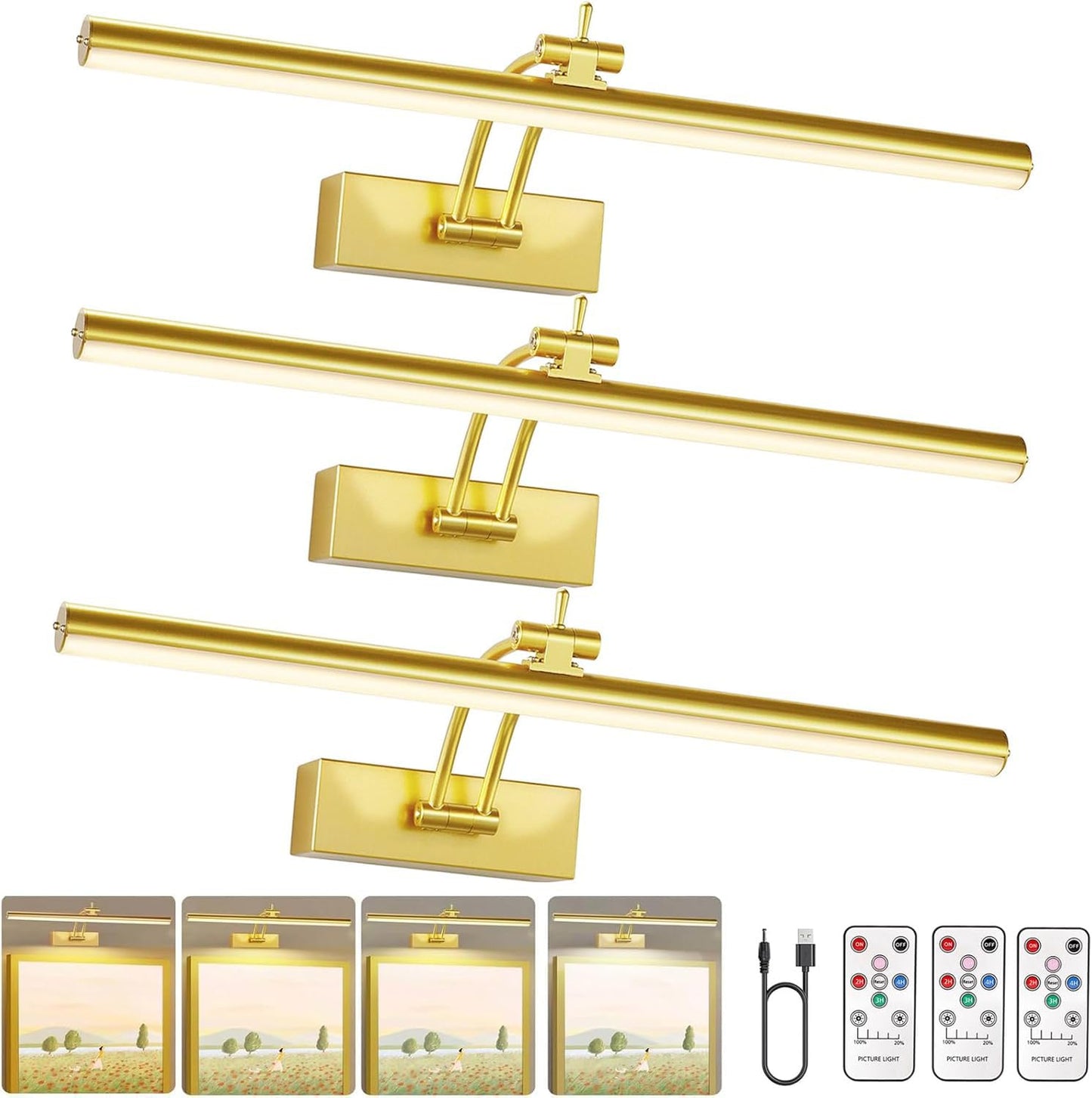 Yuichoy 3 Pack Picture Light Battery Operated For Wall  16 Wireless Display Art Lighting For discomfort-reducingting With Remote  Dimmable 5200Mah Library Light  Gold Picture Frame Lights For Gallery