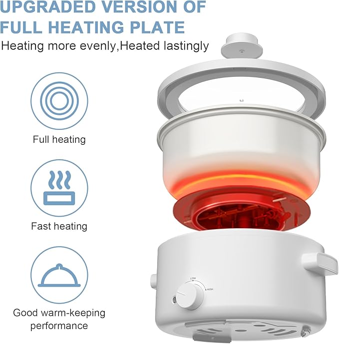 Electric Cooker, 2L Ceramic Glaze Non-stick Pot, Dual Power Multi-functional Electric Cooker, Suitable for Steak, Pasta, Hot Pot, Ramen, Quick Heating and Overheat Protection