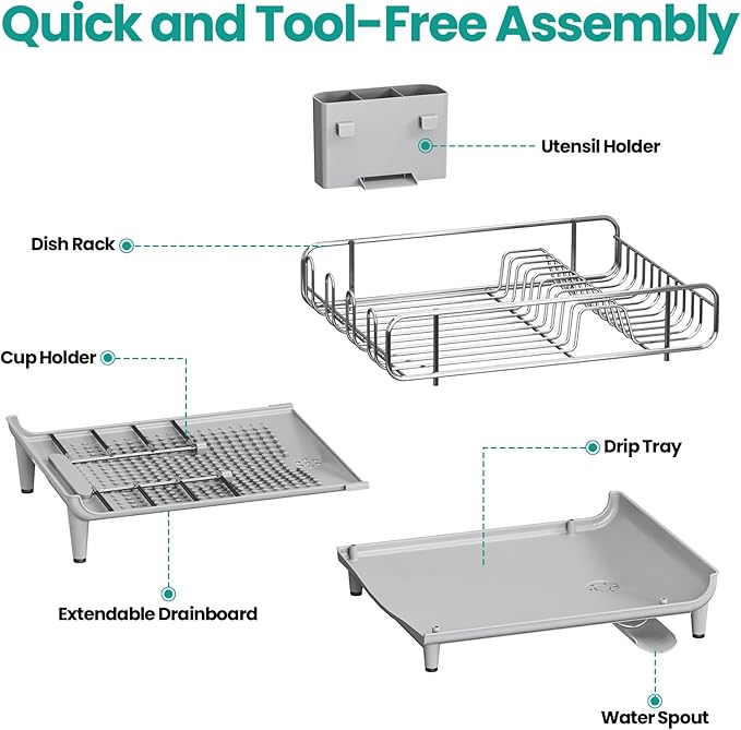 TOOLF Dish Drying Rack - Large Expandable Dish Rack for Kitchen Counter, Stainless Steel Dish Drainer for Kitchen Organization with Cutlery ＆ Cup Holder,Gray