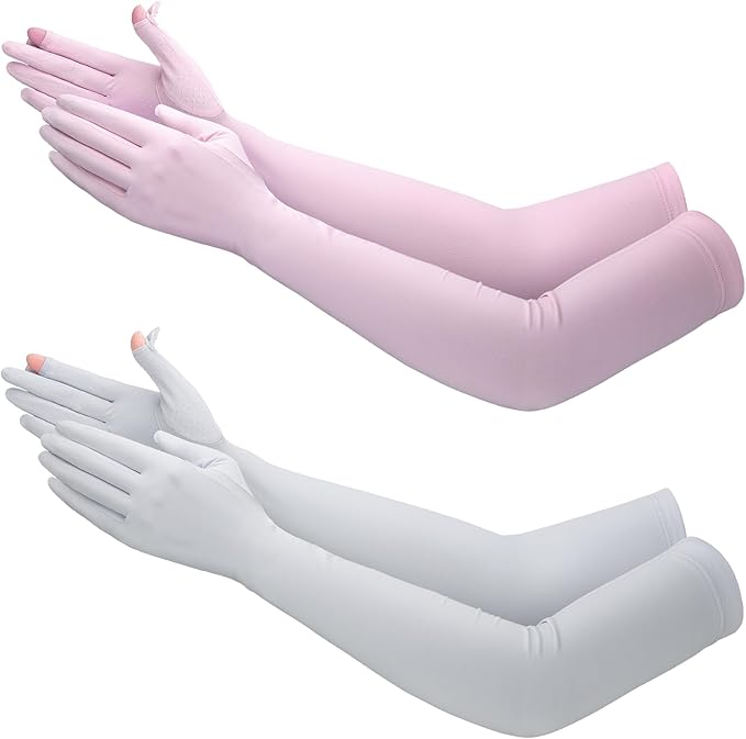 Jecery 2 Pairs UV Long Sun Gloves Women's Sunblock Driving Gloves Non Slip Full Finger Arm Sun Protective for Outdoor Sports