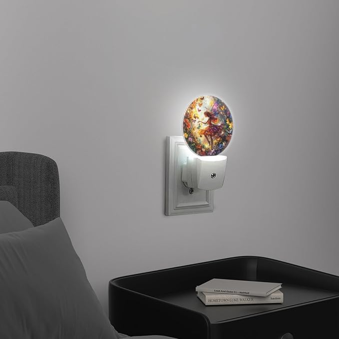 Round LED Night Lights Lamp with Dusk to Dawn Sensor, Beautiful Fairy with Colorful Wings Flying Night Light Plug Into Wall for Kids Room, Bedroom, Bathroom, Kitchen, Hallway