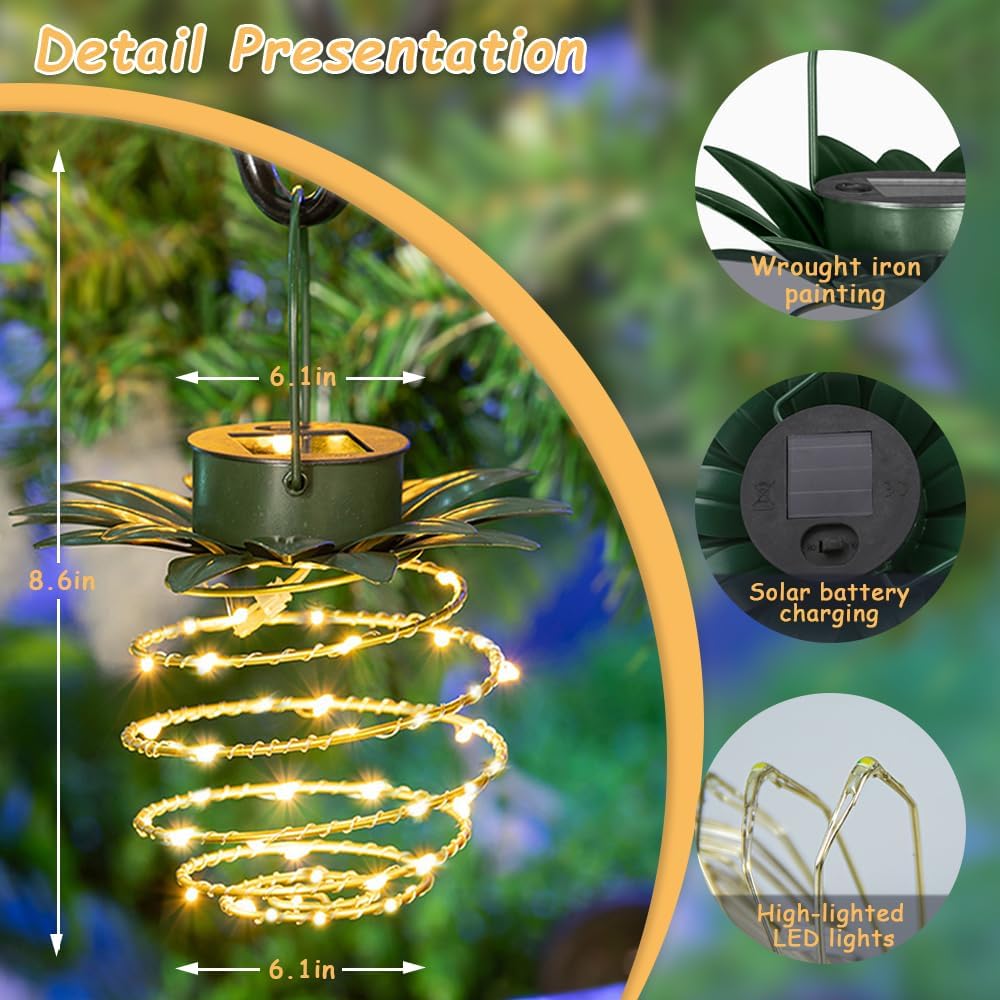 JHPGEOE 2 Pack Outdoor Solar Hanging Lantern Lights - 60LED Waterproof Solar Pineapple Light Outdoor for Garden,Yard Porch Lawn Backyard Landscape Pathway Patio Outside Gardening