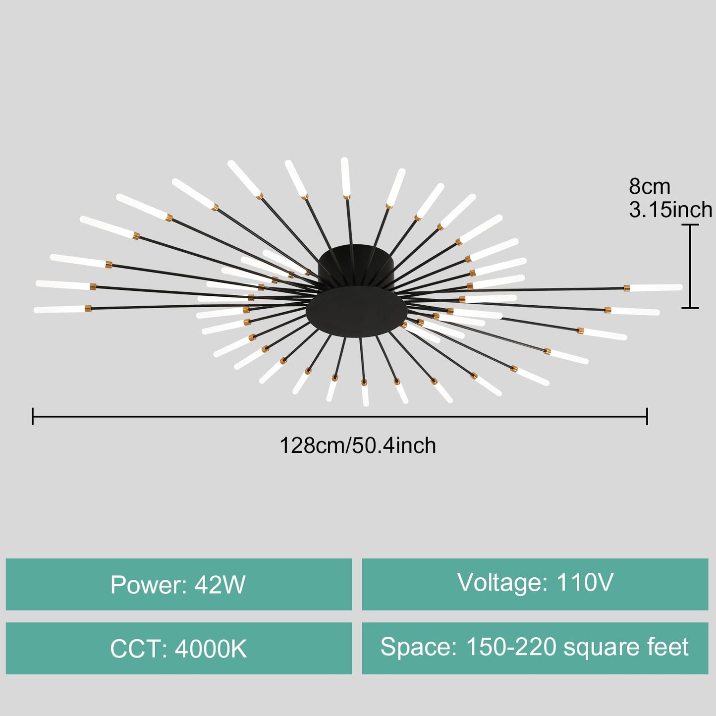 Ziidoo Modern Ceiling Light  42 Lights Metal Firework Designed Chic Led Lighting Fixture For Farmhouse Kitchen Dining Room Bedroom Hallway Living Room (Black)