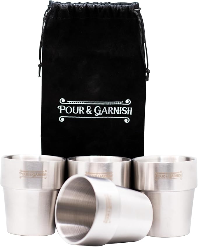 POUR & GARNISH Bourbon Whiskey & Wine Double Bottle Travel Bag with 4 Stainless Steel Double-Walled Vacuum Insulated Glasses - Makes a Great Gift!