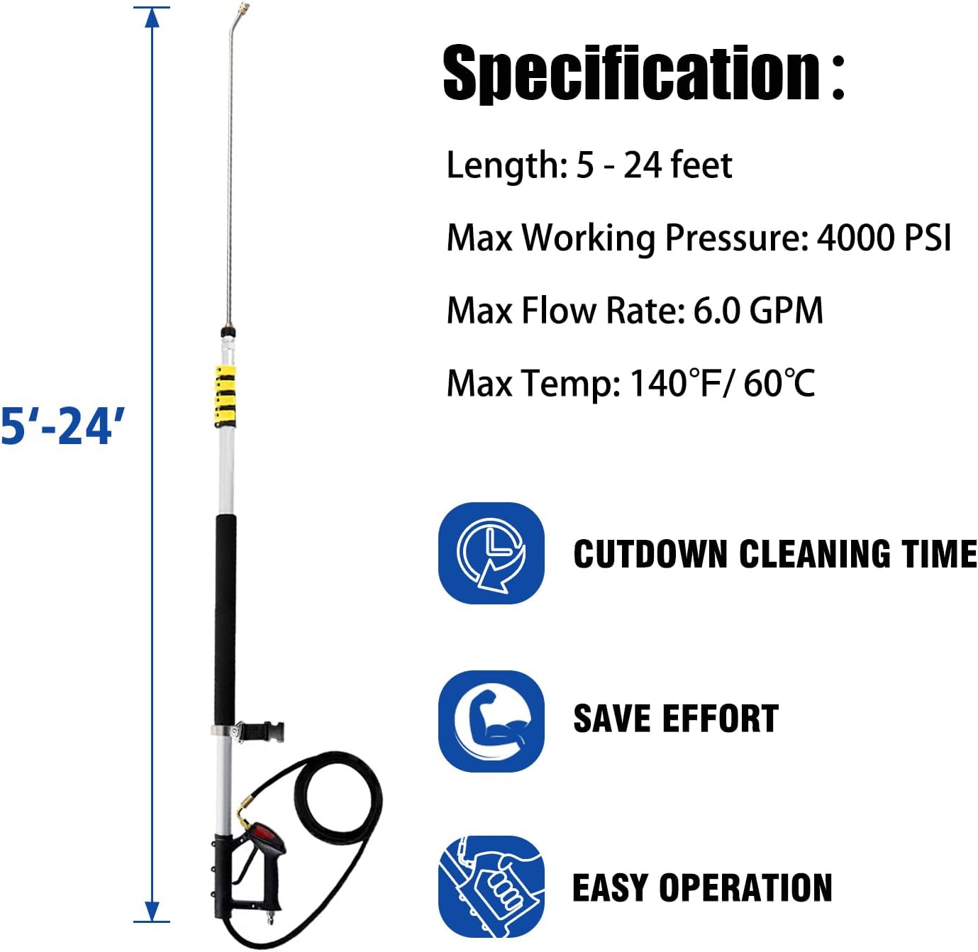 RAYNEL 24FT Telescoping Pressure Washer Extension Wand with Brush Head, 2 Power Washer Extension Wands, Gutter Cleaner Attachment, 7 Spray Nozzle Tips, Support Belt and 2 Hose Adapters