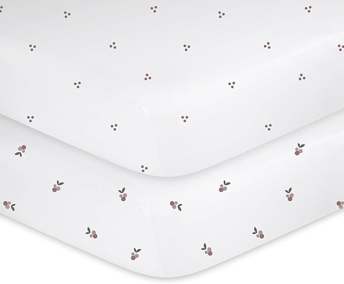Ely's & Co. Patent Pending Waterproof Pack and Play Sheets, 100% Cotton with Waterproof Lining – 2 Pack Fitted Mini Crib Sheet Set, Berry and Cluster Dot (Lavender) 38” x 24”