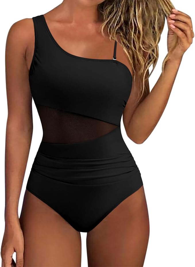 SUUKSESS Women Mesh One Shoulder One Piece Swimsuit Tummy Control Bathing Suit