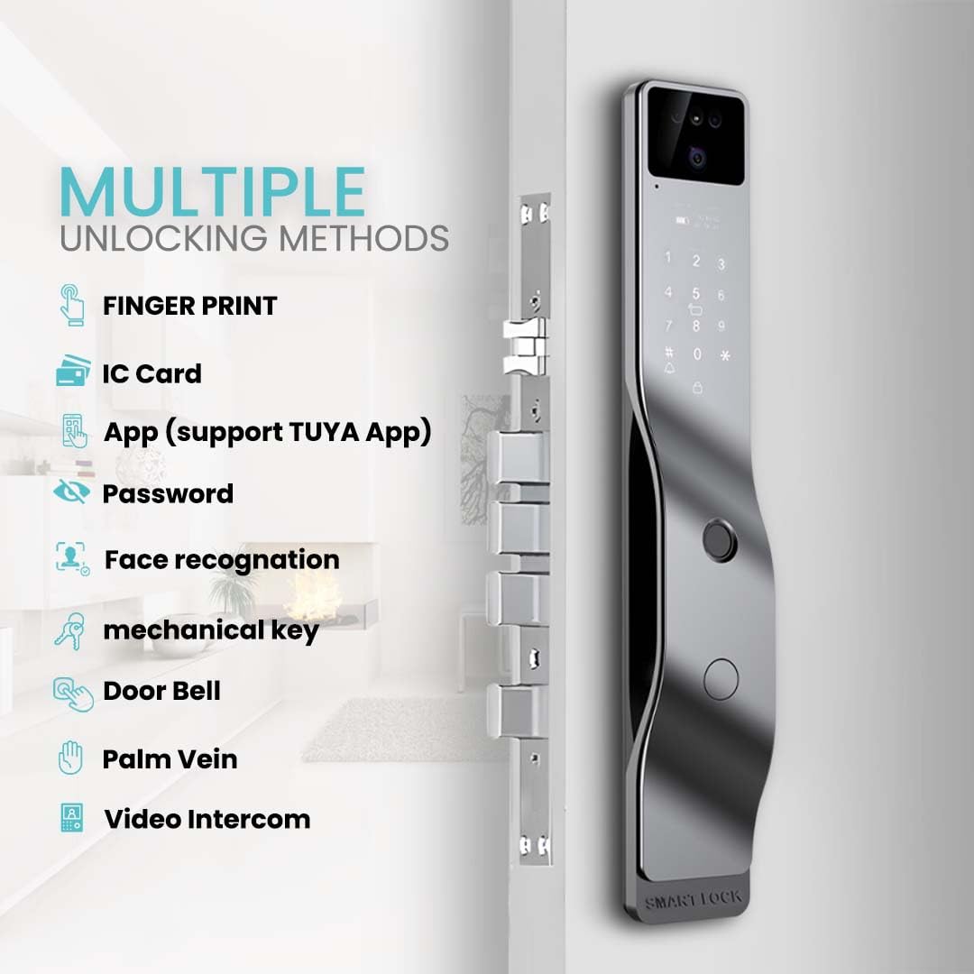Smart Door Lock with 3D Face Recognition & 1080P Camera – Keyless Entry via Face ID, Palm Ve, Fingerprint, App, Code, IC Card & Key | WiFi, Auto-Lock, Alexa & Tuya Compatible