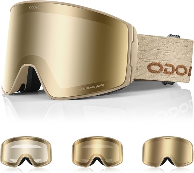 Odoland Photochromic Ski Goggles for Men Women Adult, Snow Snowboard Goggles with Pattern Strap for All Day Skiing Sports