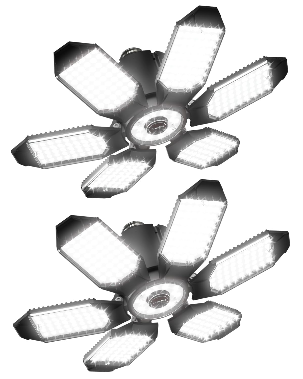Adiding Led Garage Ceiling Light - 20000Lm Bright, 2 Pack Adjustable, 6 Deformable Panels, E26 Socket, Black