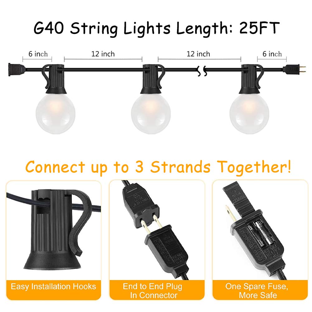 SUNSGNE Outdoor Patio String Lights G40, 25Ft, 27 Frosted White Globe Bulbs, Waterproof, Black Wire