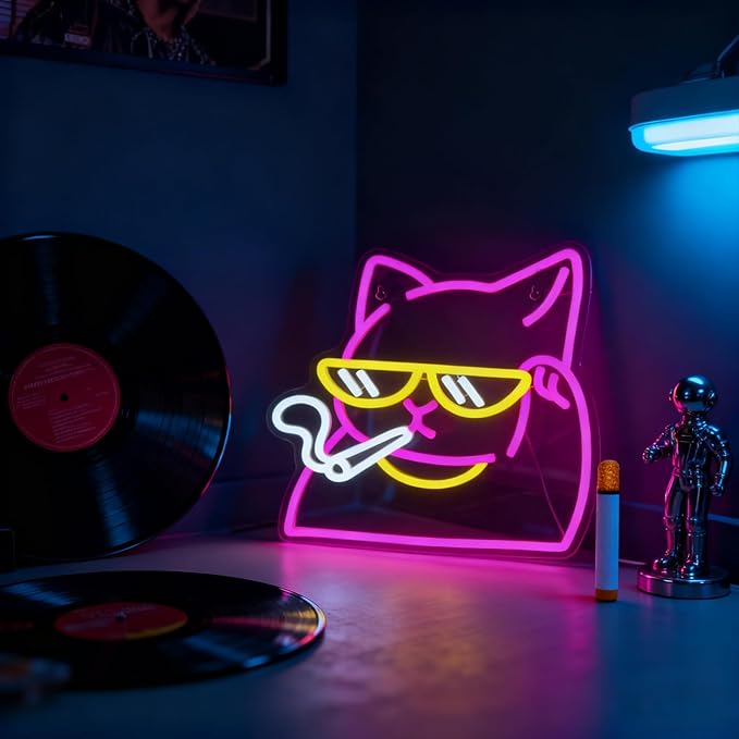 Cat Neon Sign for Wall Decor, Dimmable Smoking Cat Wall Light, Neon Cat Night Light for Man Cave, Bedroom, Gamer Room, Party, Bar Decor, Animal Lover Gifts, USB Powered LED Strip Lights