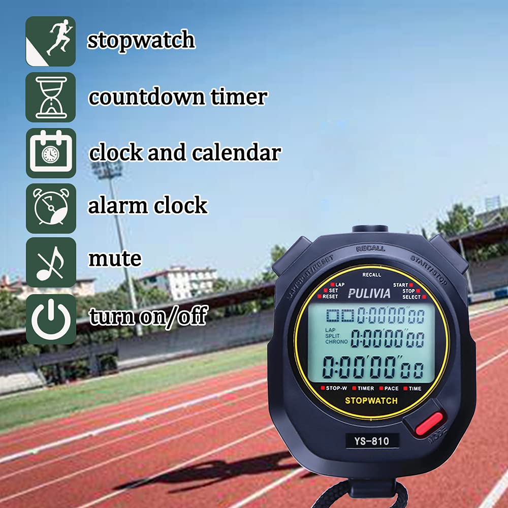 PULIVIA Sports Stopwatch Timer 10 Lap Split Memory Digital Stop Watch, Countdown Timer Pace Mode 12/24 Hour Clock Calendar with Alarm, 3 Rows Display Large Screen Water Resistant Battery Included