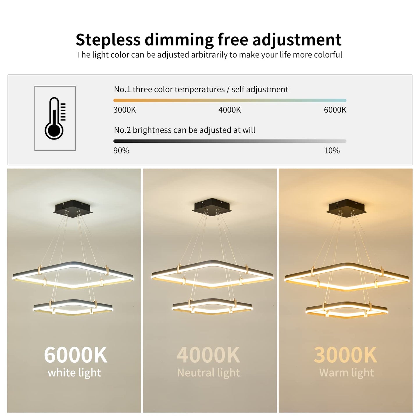 Siittoo Modern Black Chandelier Dining Room Light Fixture  96W Dimmable Led Modern Pendant Light  2-Ring Rectangular Chandelier Hanging Light Fixture For Kitchen Island Living Room Hall  F=24+16