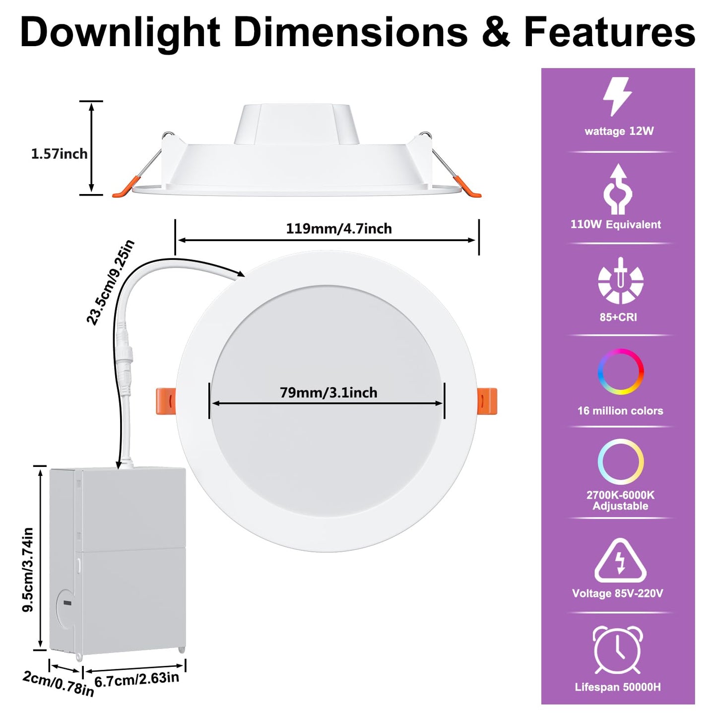 Smart Recessed Lighting 4 Inch RGBCW Color Changing 12W Recessed Ceiling Light with Junction Box,1080LM Canless LED Downlight Compatible with Alexa,Dimmable by Bluetooth Control -12Pack