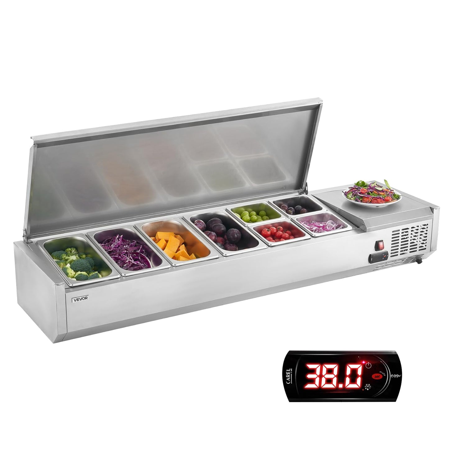 VEVOR Refrigerated Condiment Prep Station, 130 W Countertop Refrigerated Condiment Station, with Four 1/3 Pans & Four 1/6 Pans, 304 Stainless Body and PC Lid, Sandwich Prep Table with Stainless Guard