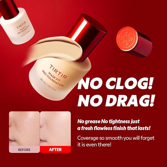 TIRTIR Mask Fit Red FoundationㅣLong Lasting Flawless Coverage, Energy Essence, Lightweight, Hydrating, Pore-Blurring, Breathable Satin Finish, Makeup, Radiant Skin, #29N Natural Beige, 1.01 Fl Oz