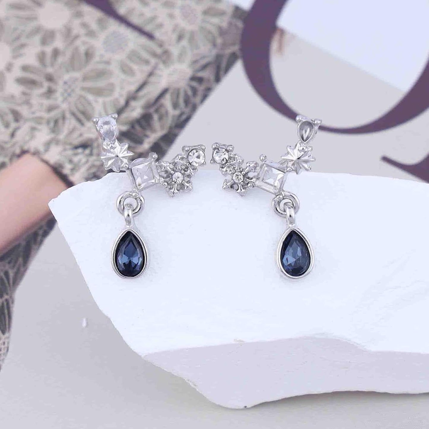 Vintage Teardrop Sapphire Earrings Crystal Climber Earrings Blue Sapphire Dangle Earrings Silver Sparkly Cz Rhinestone Earrings Jewelry for Women
