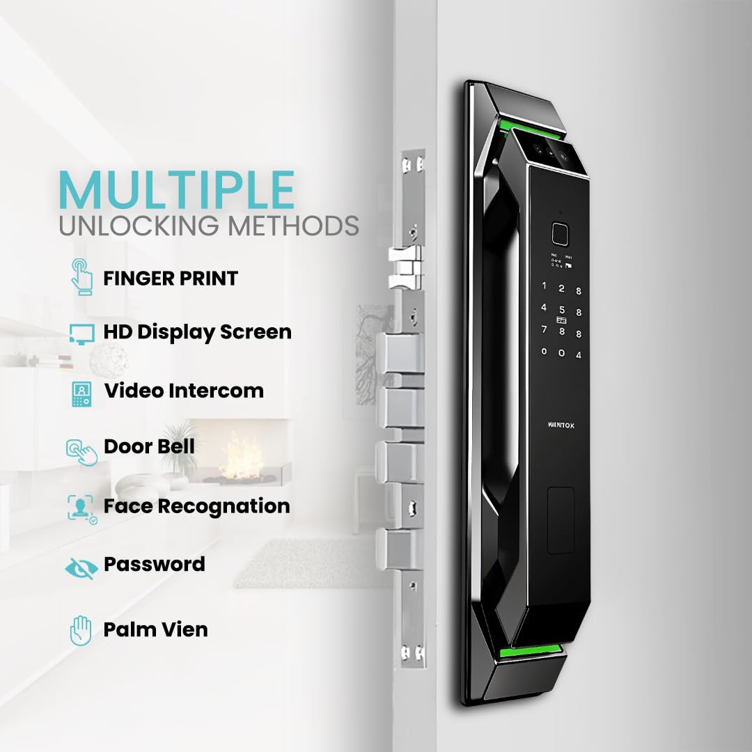 3D Face Recognition Smart Door Lock with HD Camera, Video Doorbell & Intercom – 7-in-1 Keyless Entry | Fingerprint, Palm Vein, Passcode, IC Card, Emergency Key, Tuya App Control, Easy Install | Alexa