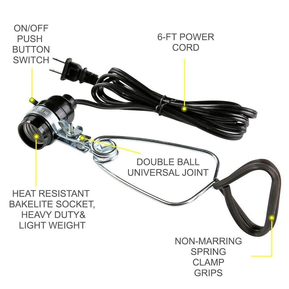 Simple Deluxe E26 Clamp Light Socket, 150W, 6Ft Cord, Aluminum, 1-Pack, Black