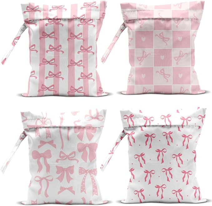 4 Pack Wet Bag for Swimsuit, Beach Travel Essentials Wet Dry Bag, for Sunscreen Toiletry Dirty Clothes Yoga Gym Diaper, Friend Summer Beach Vacation Gifts. Pink Bow Series