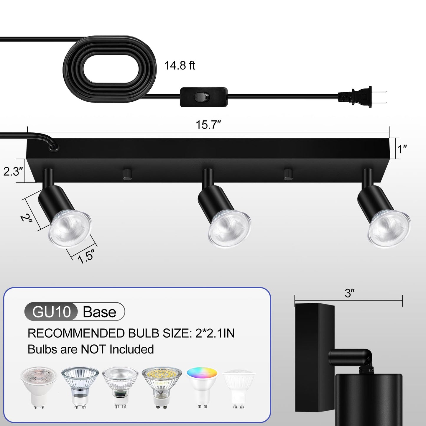 Plug In Track Lighting  16 Led Track Light Fixtures Ceiling  Black 3 Way Gu10 Wall Spotlight  Rotatable Track Head  Plug In Ceiling Light Kitchen Hallway Living Room 15 Foot Power Cord(No Bulb)