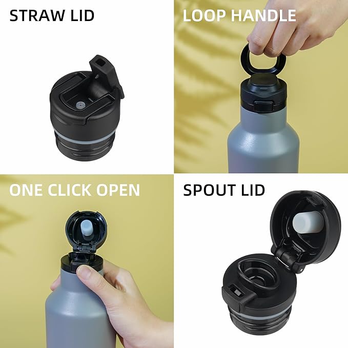 BJPKPK Insulated Water Bottle With Straw 25oz Stainless Steel Water Bottles With 2 Lids And Carry Handle Reusable Travel Metal Thermal Flask,Grey