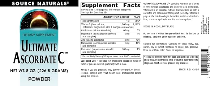 Source Naturals Ultimate Ascorbate C Powder - Vitamin C* - Supports Immune System -1000 mg, 8 oz