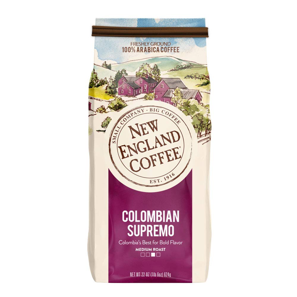 New England Coffee Colombian Supremo Medium Roast Ground Coffee, 22oz Bag (Pack of 1)