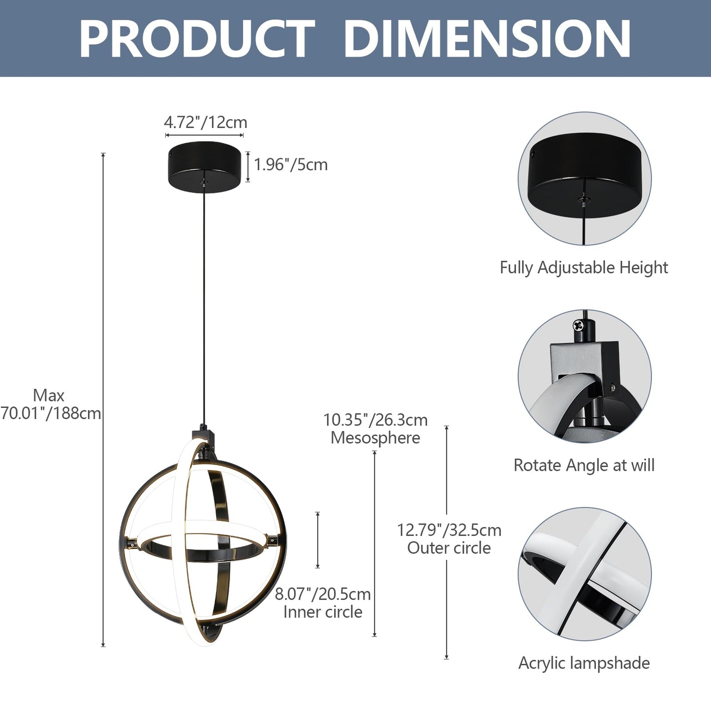 Bnhhlz Modern Led Pendant Light Black Pendant Lights 4000K Dimmable External Glow Height Adjustable Pendant Lighting For Kitchen Island Dining Room Bedroom Living Room Foyer(3-Ring)