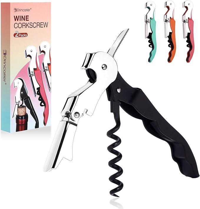 Soft Velvet Touch Waiters Double Hinge Corkscrew Wine Key Bottle Opener，Heavy Duty Waiter Corkscrew, Foil cutter and Bottle Opener,2-pack (2, Black)