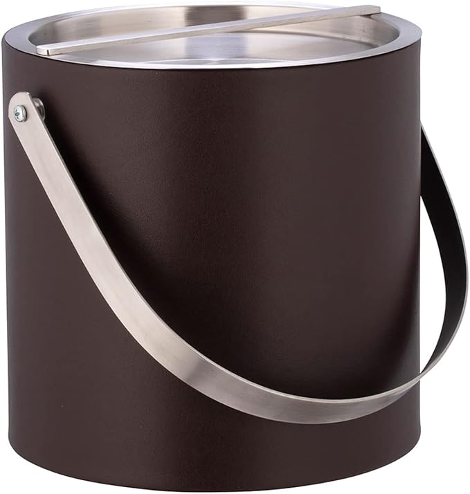 Kraftware 3qt Brushed Chrome Arch Handle & Bridge Cover Sydney 3 Quart Ice Bucket, Small, Chocolate Brown