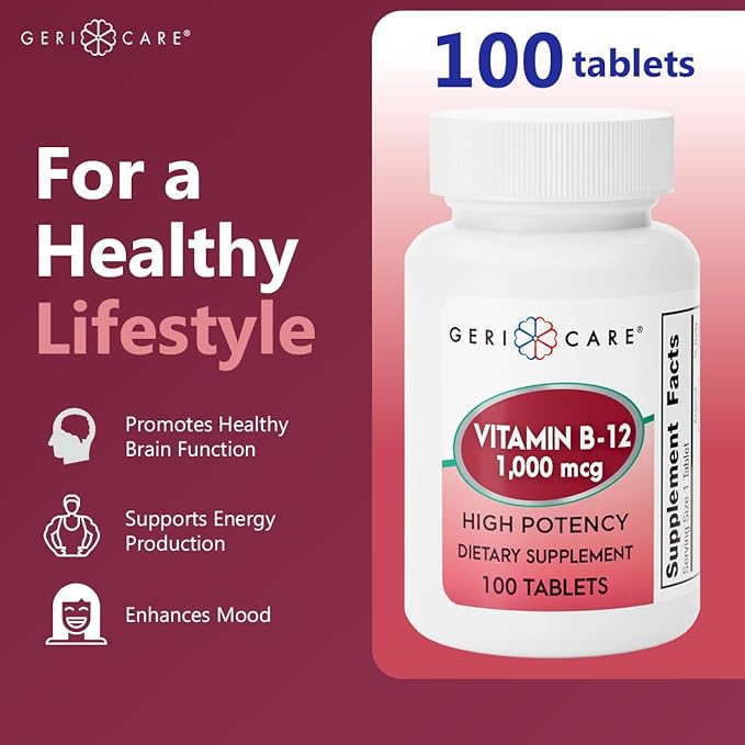 GeriCare Vitamin B-12 1000mcg High Potency Tablets, Premium Dietary Supplement for Boosting Energy, Supporting Brain Health, and Maintaining a Healthy Nervous System 100 Count (Pack of 1)