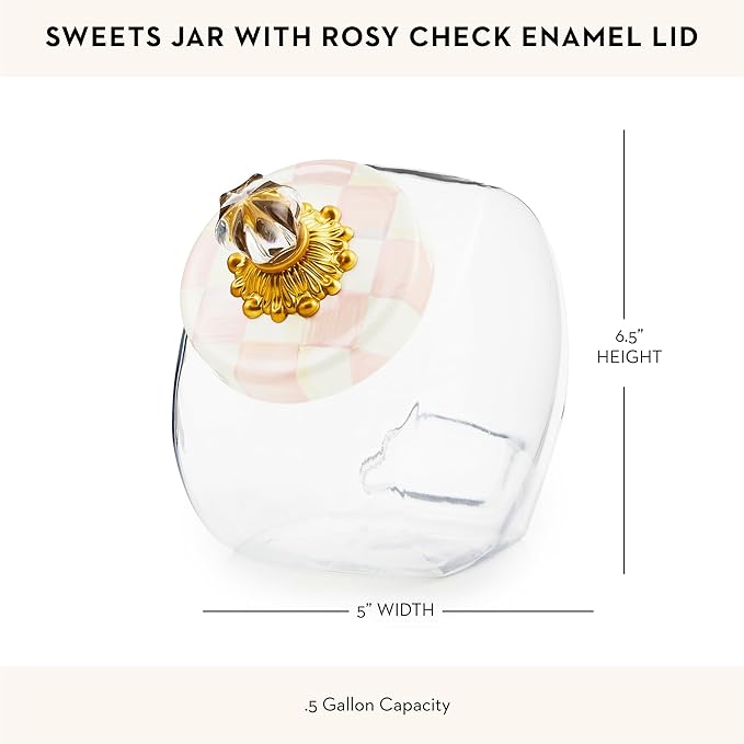 MACKENZIE-CHILDS Sweets Jar with Enamel Lid, Small Glass Cookie Jar or Kitchen Jar, 0.5-Gallon Capacity, Pink-and-White Rosy Check